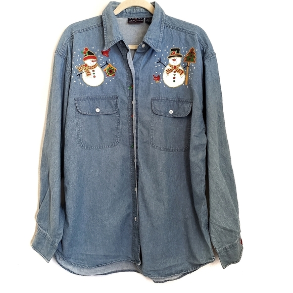 Vintage Amrav Top L Large Denim Snowmen Button Up Long Sleeve - Picture 1 of 5